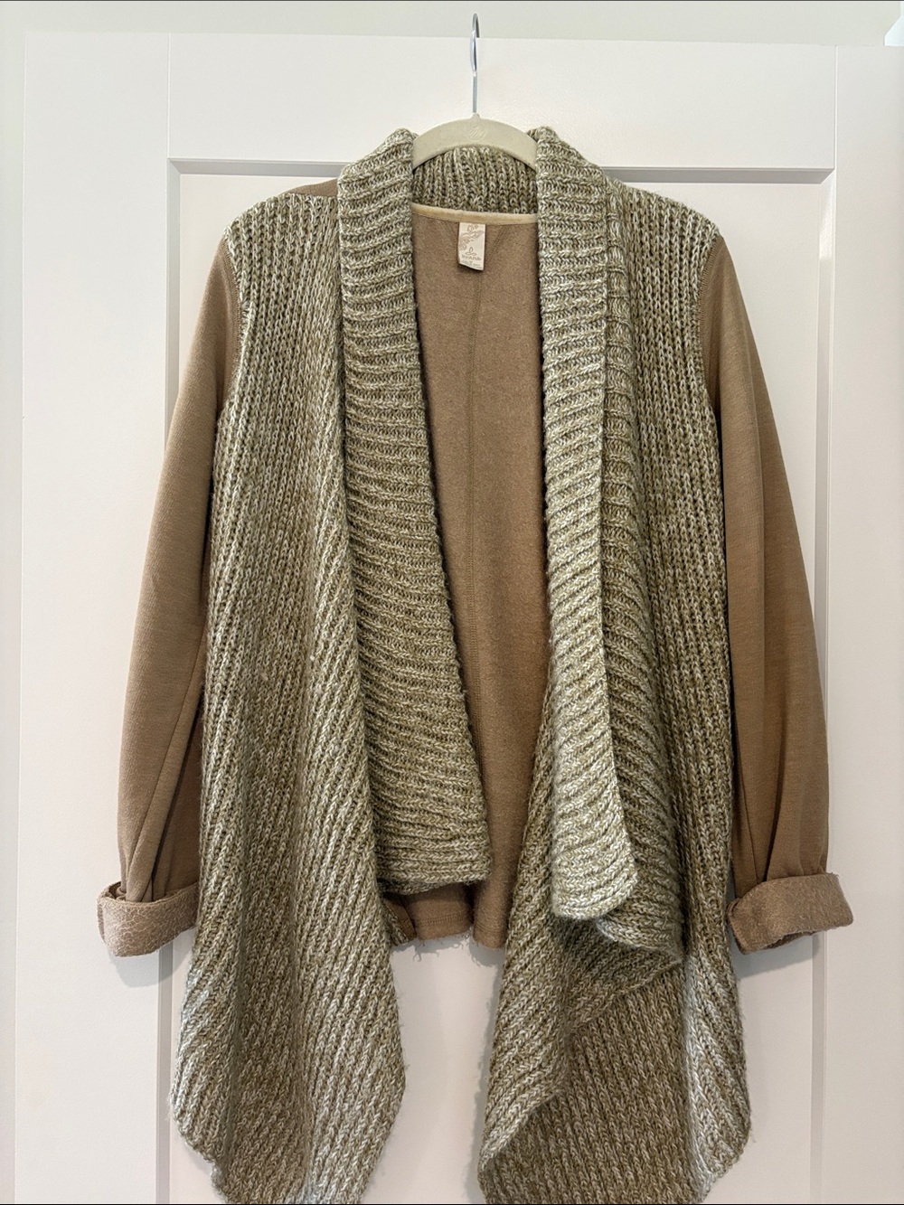 Prana Two-Tone Taupe and Olive Open-Front Cardigan